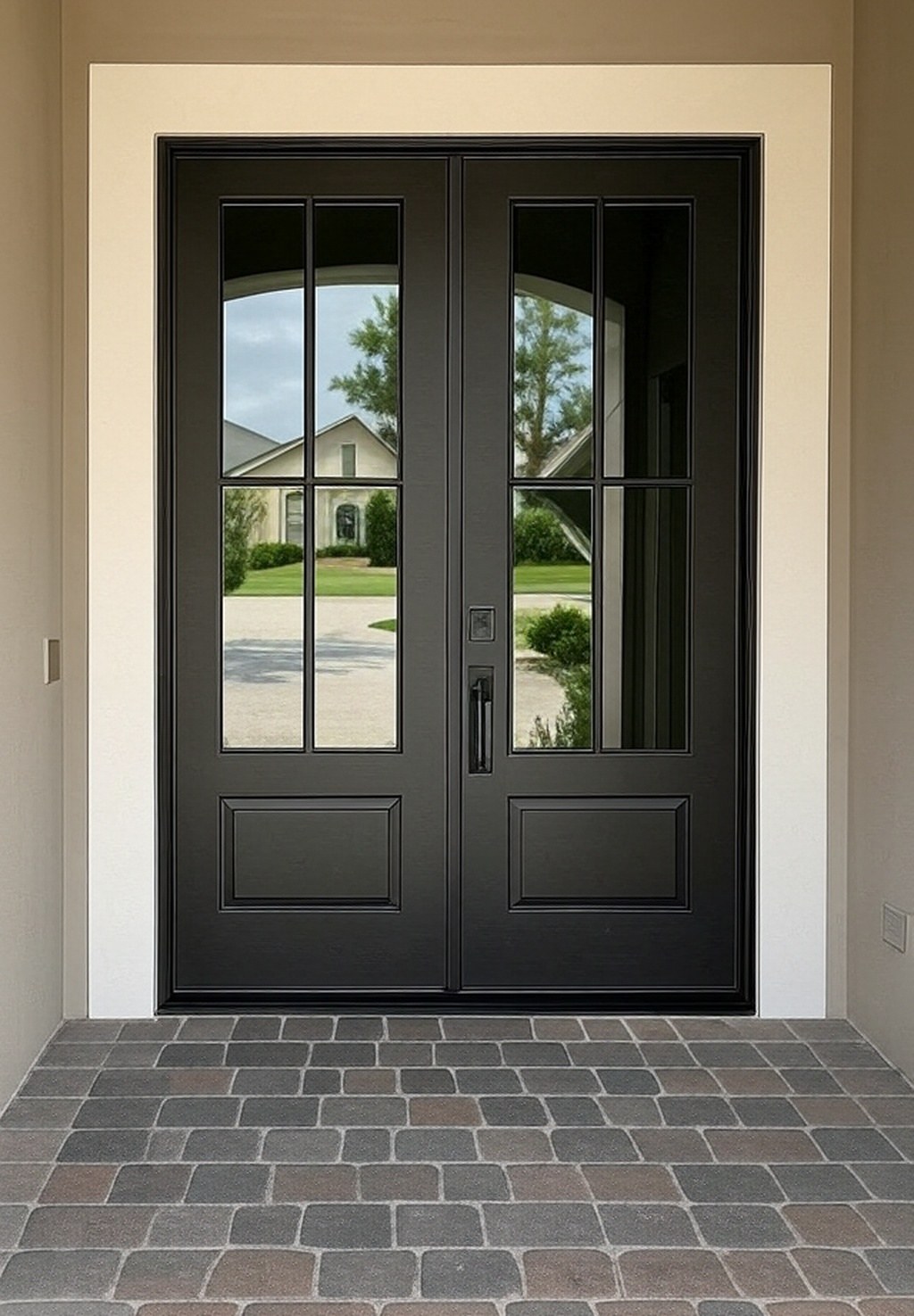 Black double-door fiberglass exterior entry with arched glass — Norwood Supply, Jacksonville FL
