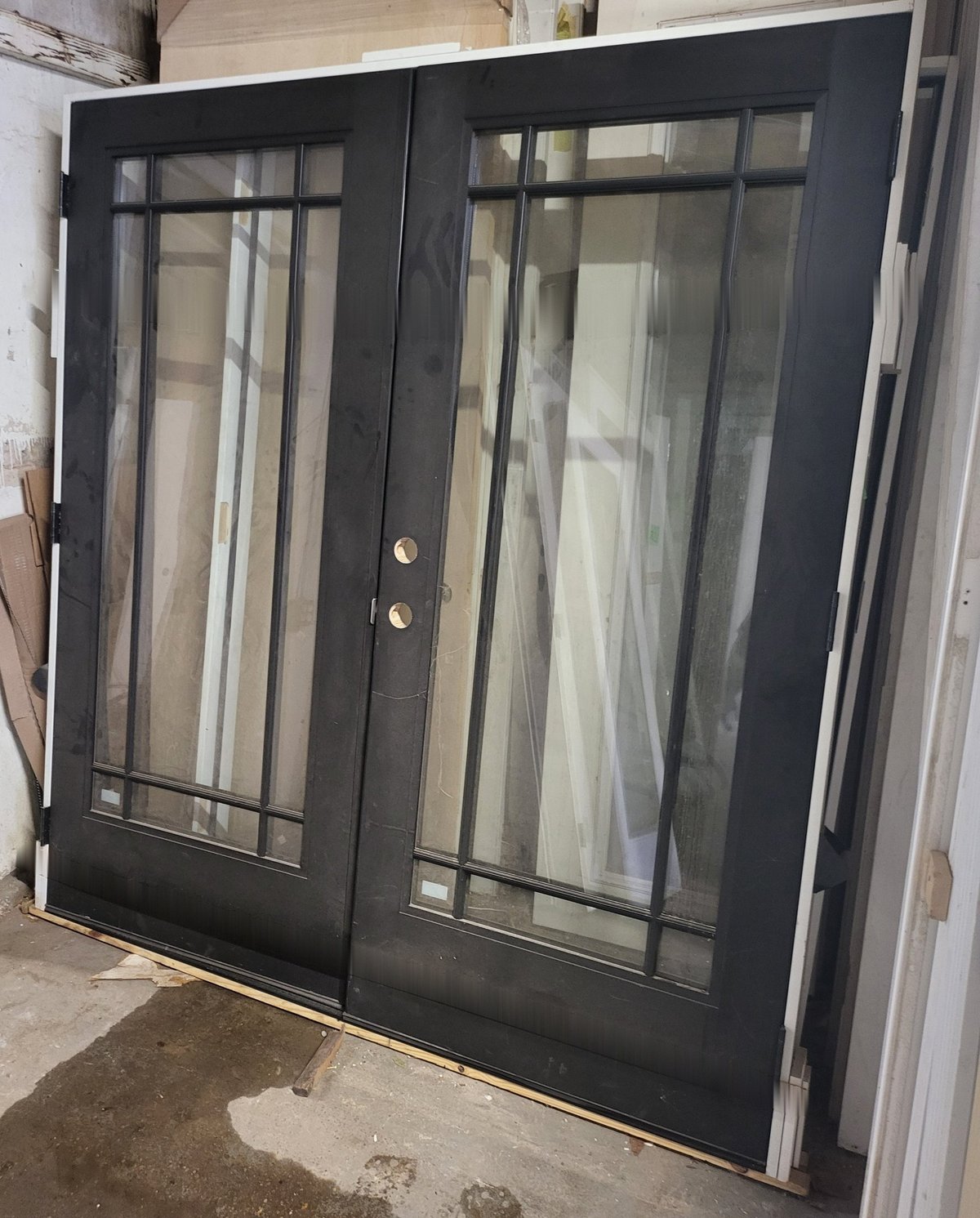 Black 9-lite prairie fiberglass double French door, prehung, 6'0" x 6'8" left-hand inswing — one-off deal at Norwood Supply