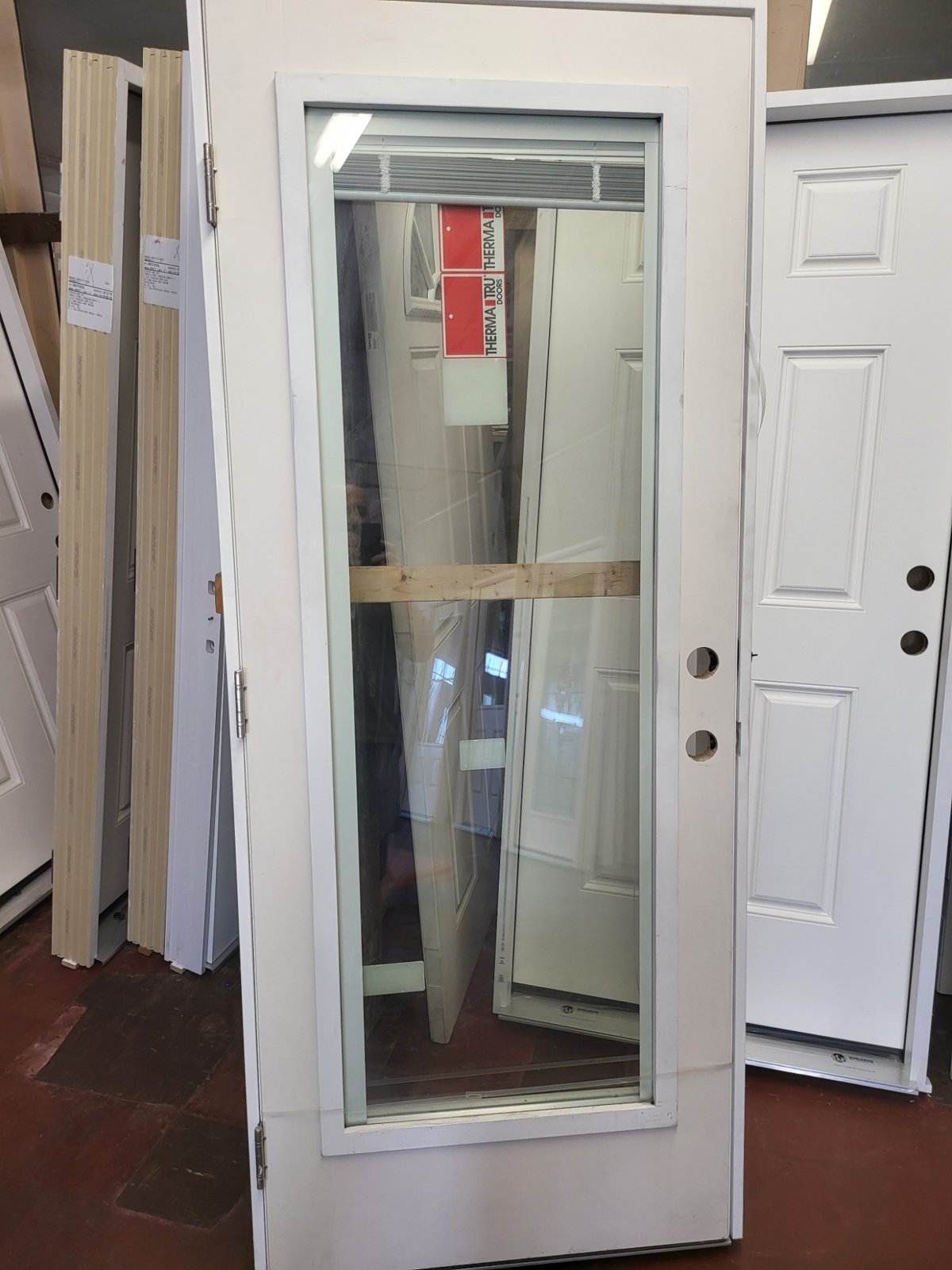 Impact-rated full-lite mini blind prehung door, 36 by 80 inches, right-hand outswing